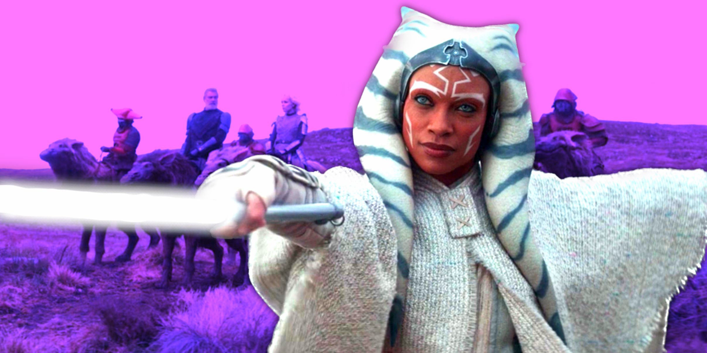 Ahsoka wields her lightsabers in episode, with Baylan, Shin and the bandits in the background.