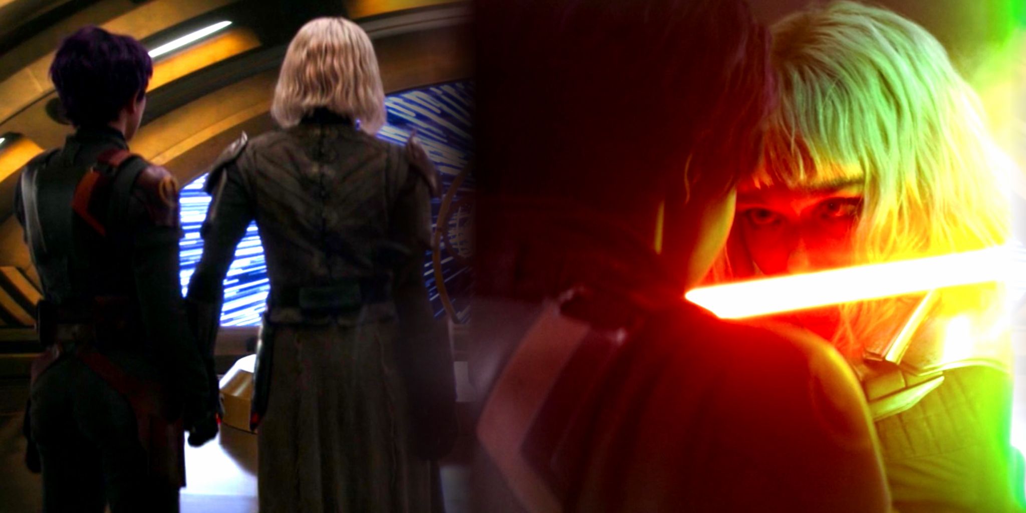 Shin Hati holds Sabine Wren&rsquo;s arm in Ahsoka and faces her in a lightsaber duel.