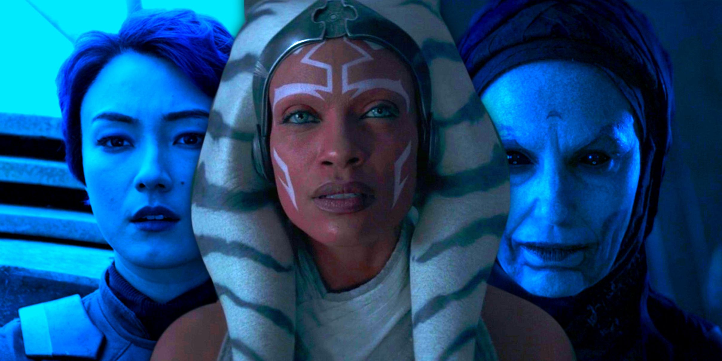 Ahsoka senses Sabine in the Force in the foreground, while Sabine and the Great Mother sense Ahsoka in the background.