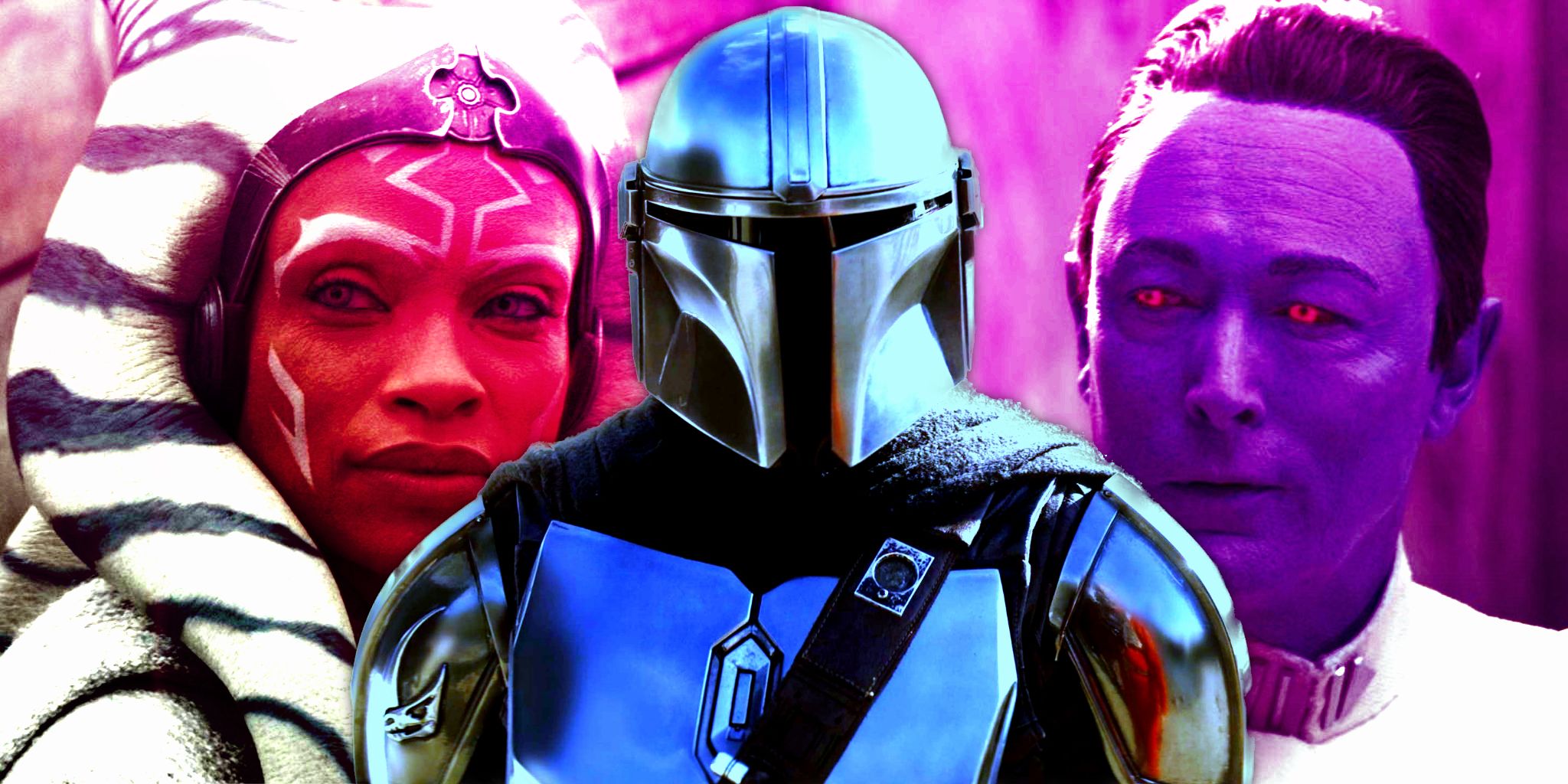 Din Djarin in The Mandalorian in the foreground, Ahsoka and Thrawn in Ahsoka in the background.