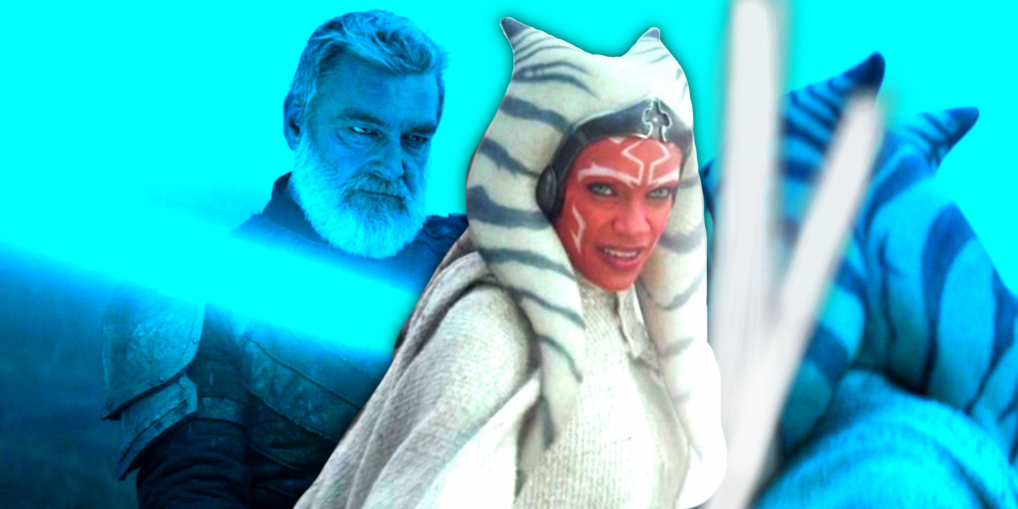 Ahsoka wields her sabers in the foreground and duels with Baylan in the background.