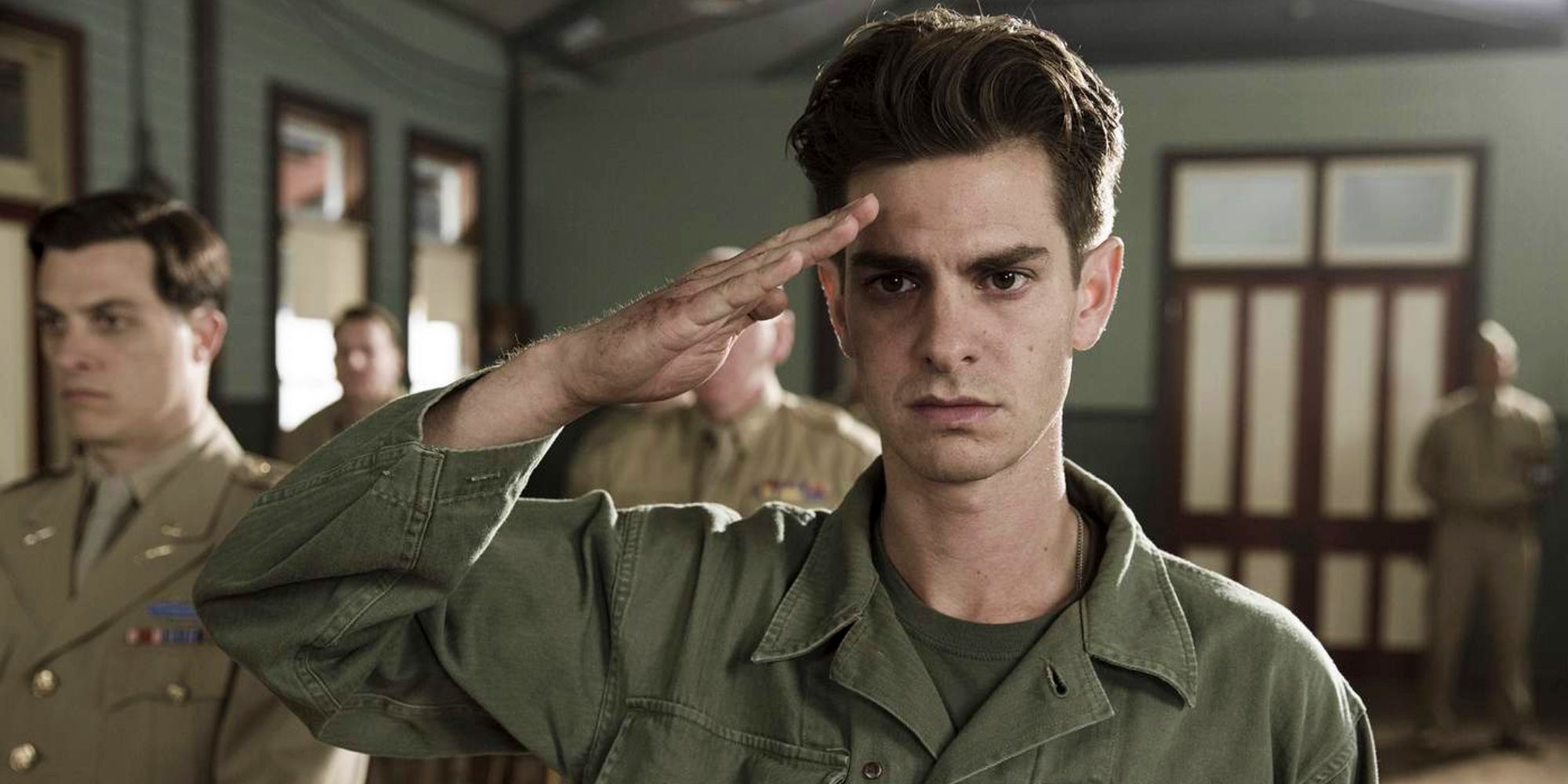 Private Doss saluting in the movie Hacksaw Ridge.
