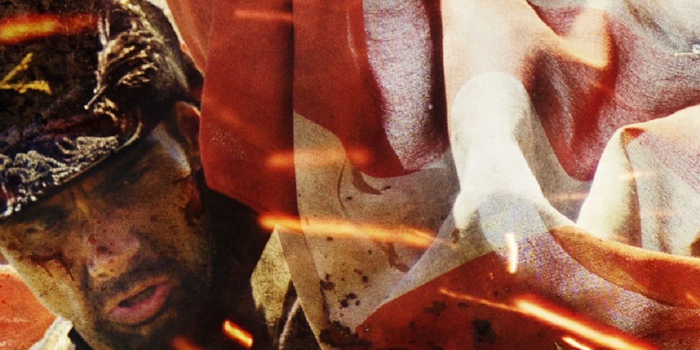 Civil War solider with dirt on his face with the American Flag next to him in the cover art for the movie Gettysburg.