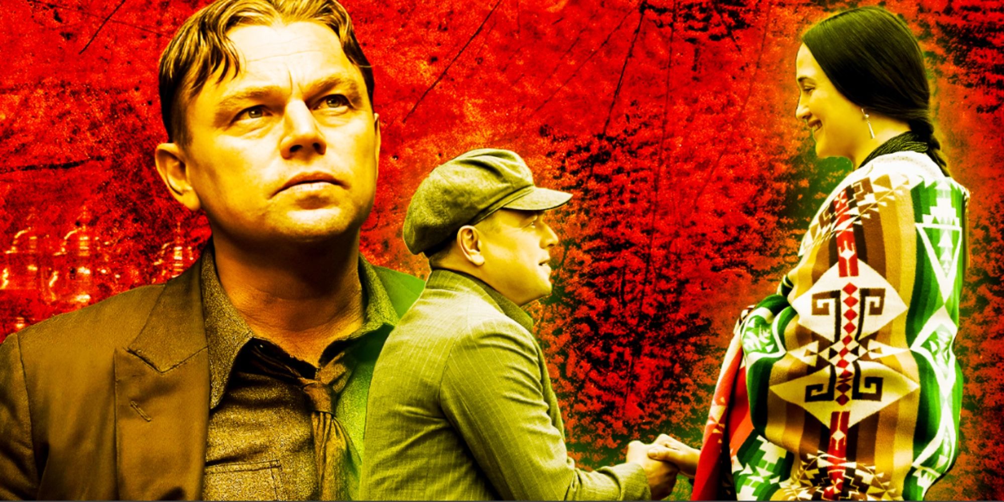 Ernest Burkhart is on his knees in front of Mollie Burkhart. Also, DiCaprio is standing, looking up.