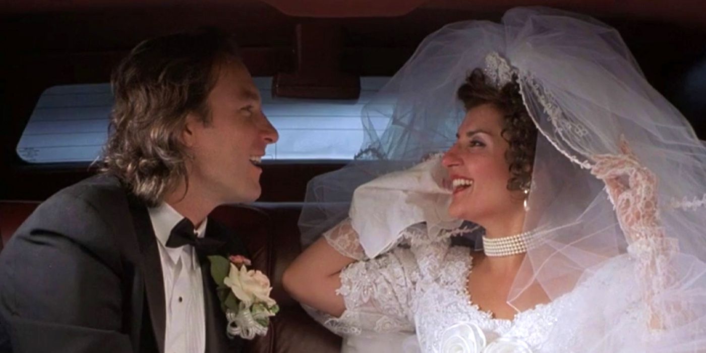 Toula and Ian in their wedding attire, driving away after the event in My Big Fat Greek Wedding.