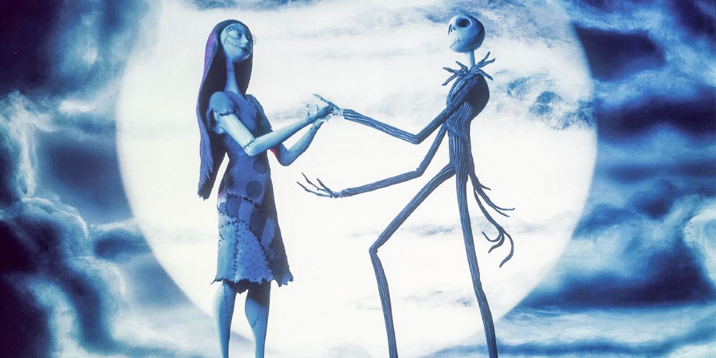 Jack and Sally holding hands in front of the moon in The Nightmare Before Christmas 