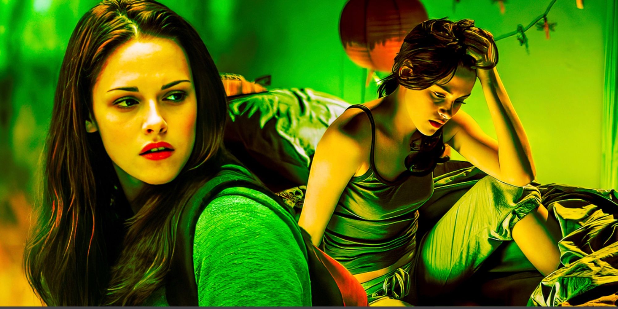 Bella looking off and sitting in her bed in The Twilight Saga. 