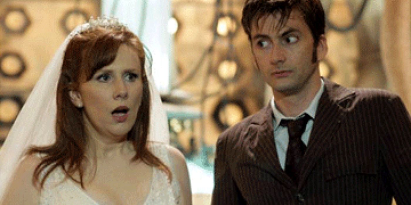 The Doctor looks at Donna, who has a shocked look on her face in the Doctor Who episode "The Runaway Bride." 