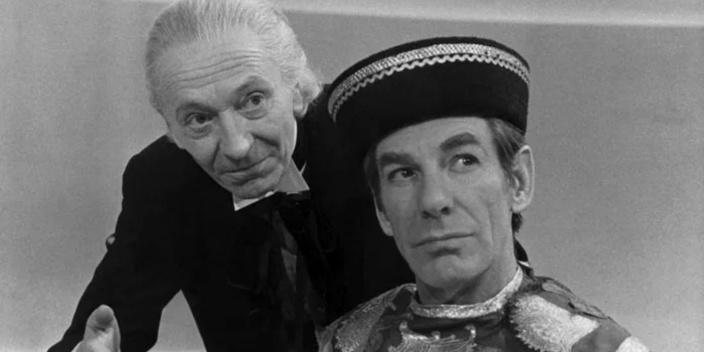 The First Doctor and The Toymaker looking off in the Doctor Who episode 