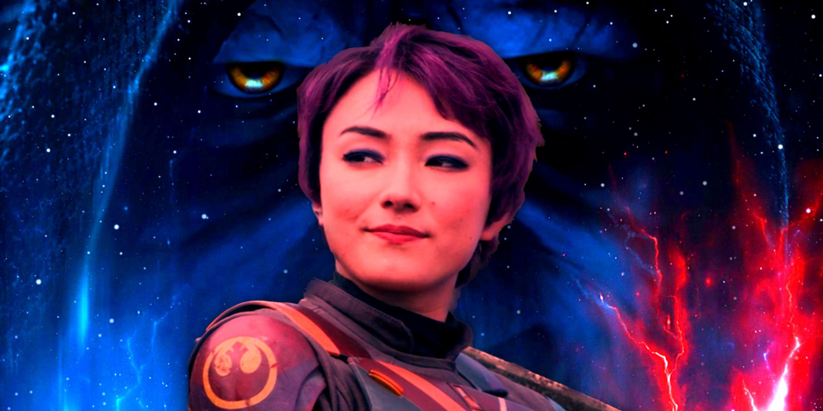 Sabine Wren in Ahsoka in the foreground, Emperor Palpatine in TROS in the background.