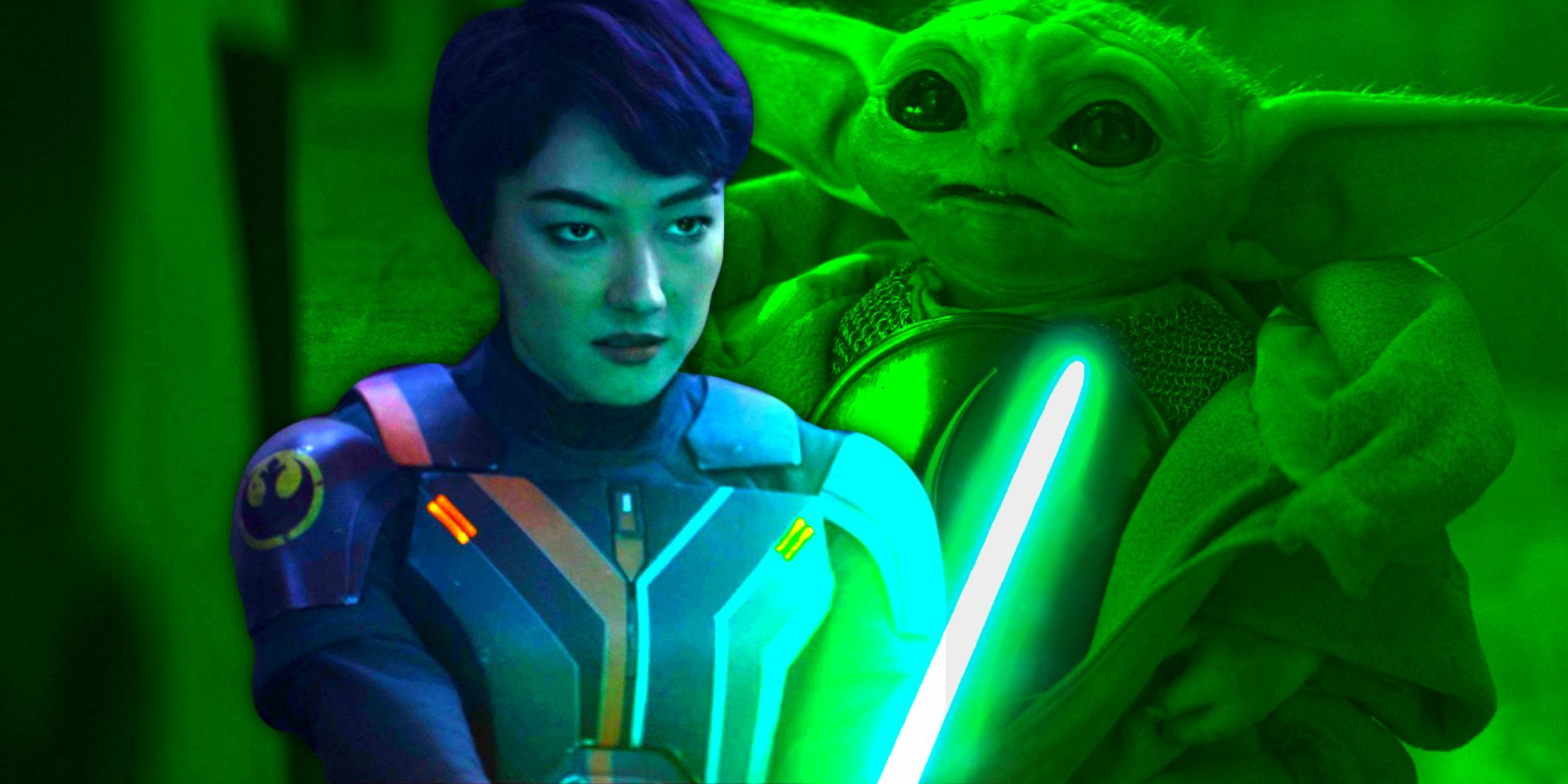 Sabine Wren wielding her lightsaber in the foreground with Grogu and his armor in the background.