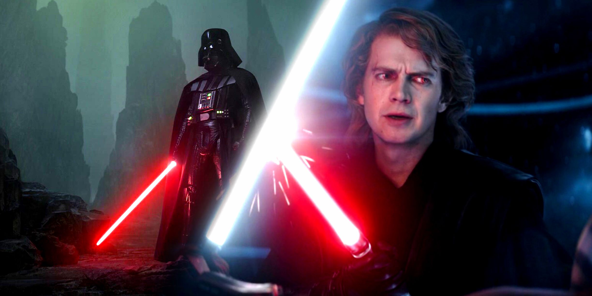 Anakin Skywalker with Sith eyes in Ahsoka and Darth Vader