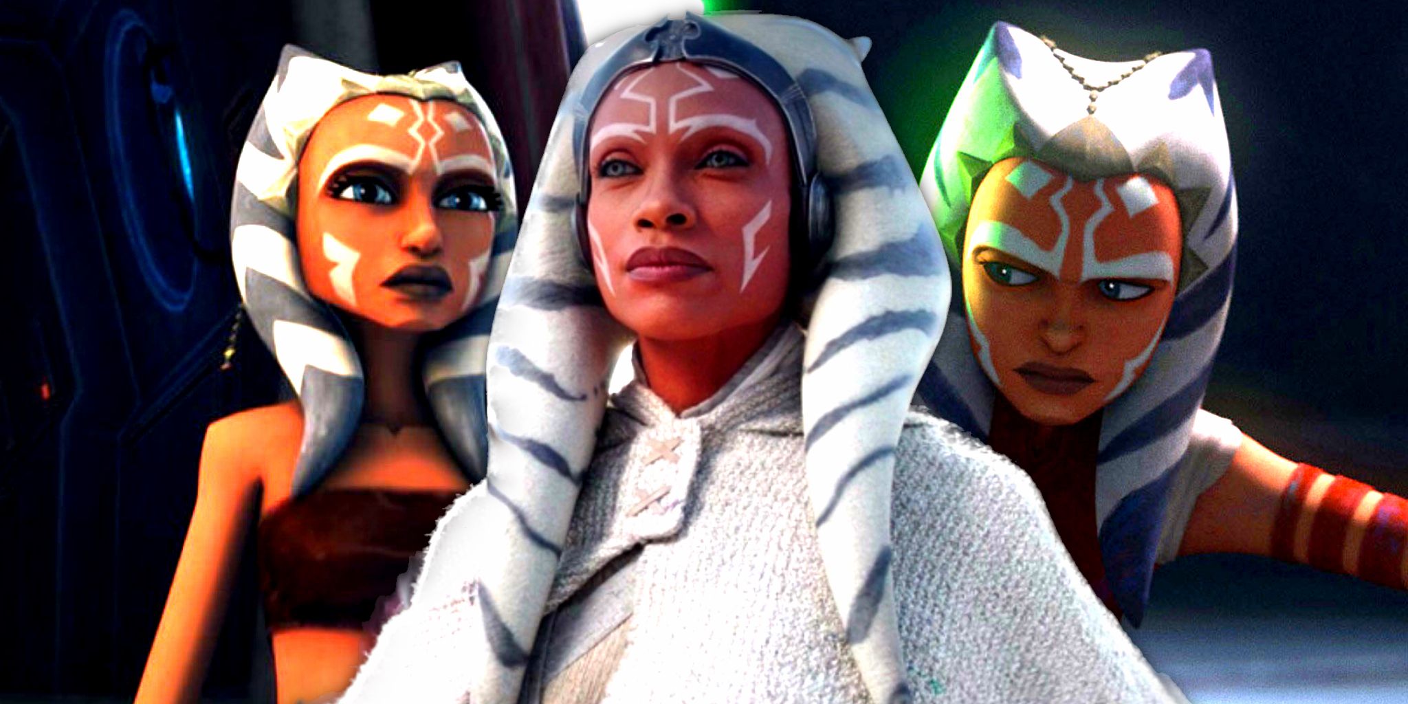 Ahsoka with her recent costume changes in Ahsoka, The Clone Wars, Tales of the Jedi