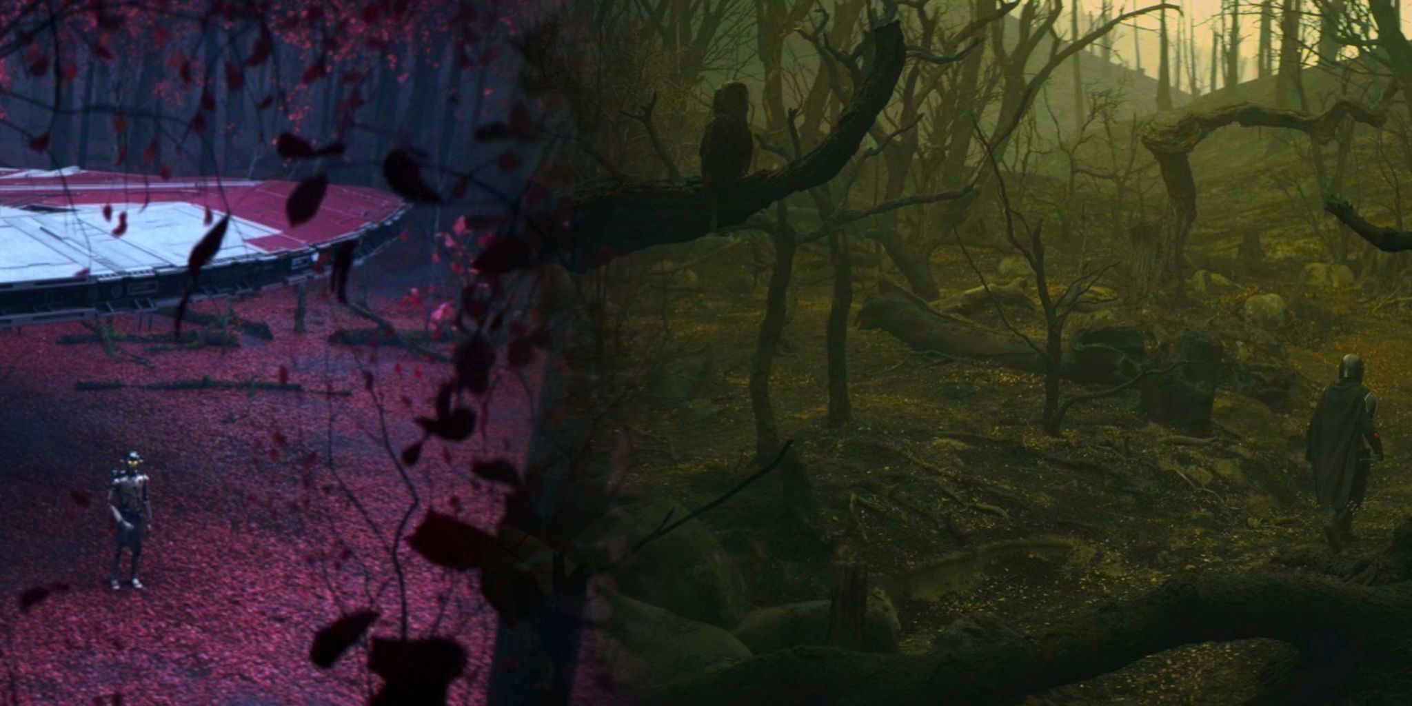 A Morai convor appearing in The Mandalorian alongside a scene of Huyang in Ahsoka