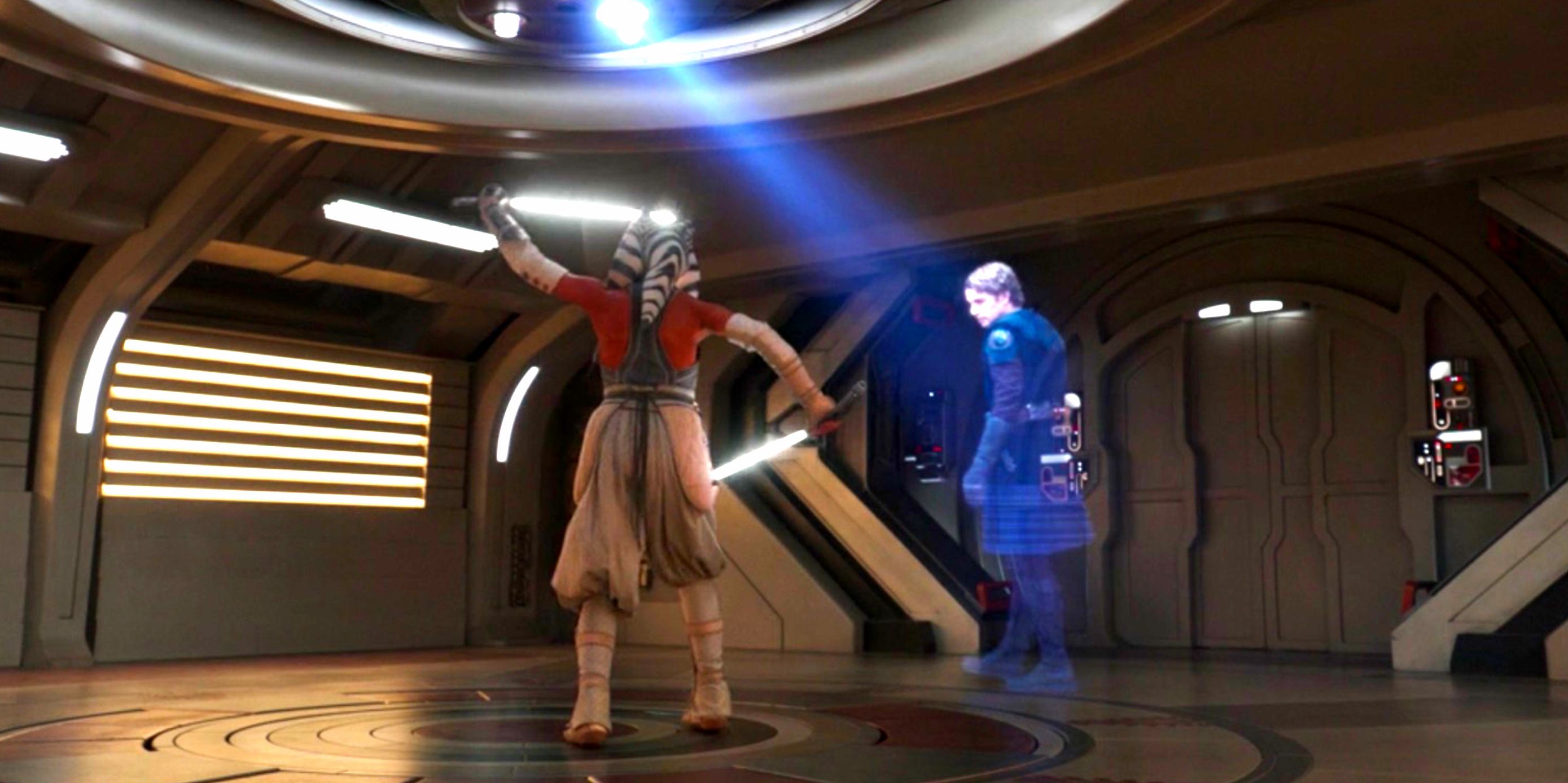 Ahsoka trains with the help of holographic Anakin Skywalker in episode 7.