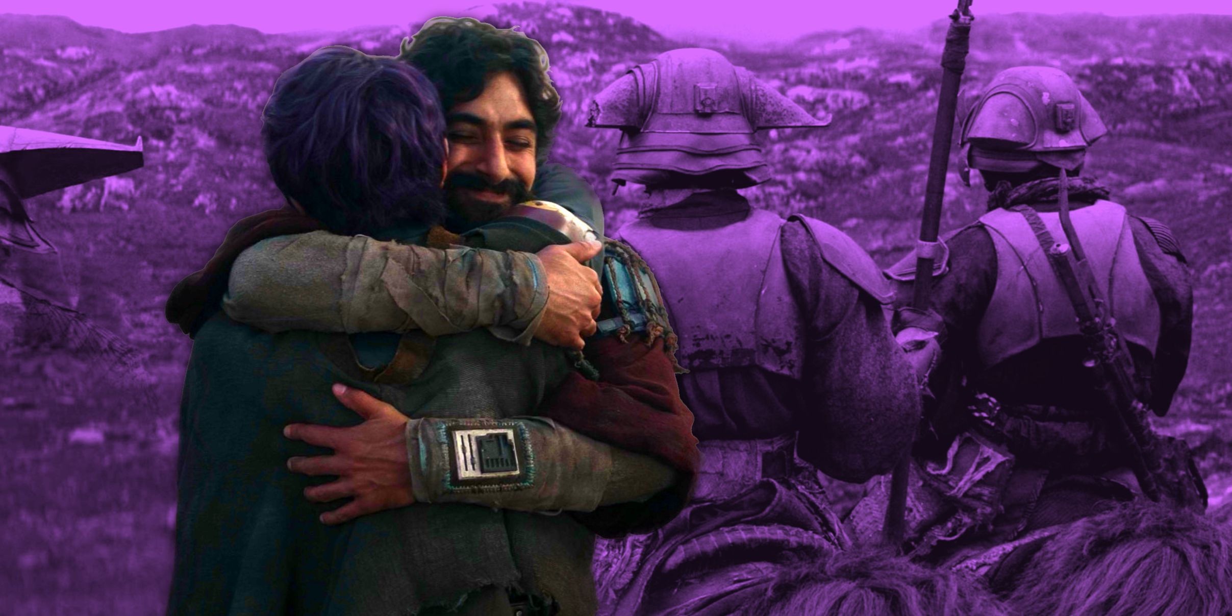 Ezra and Sabine hug in the foreground, bandits linger in the background.