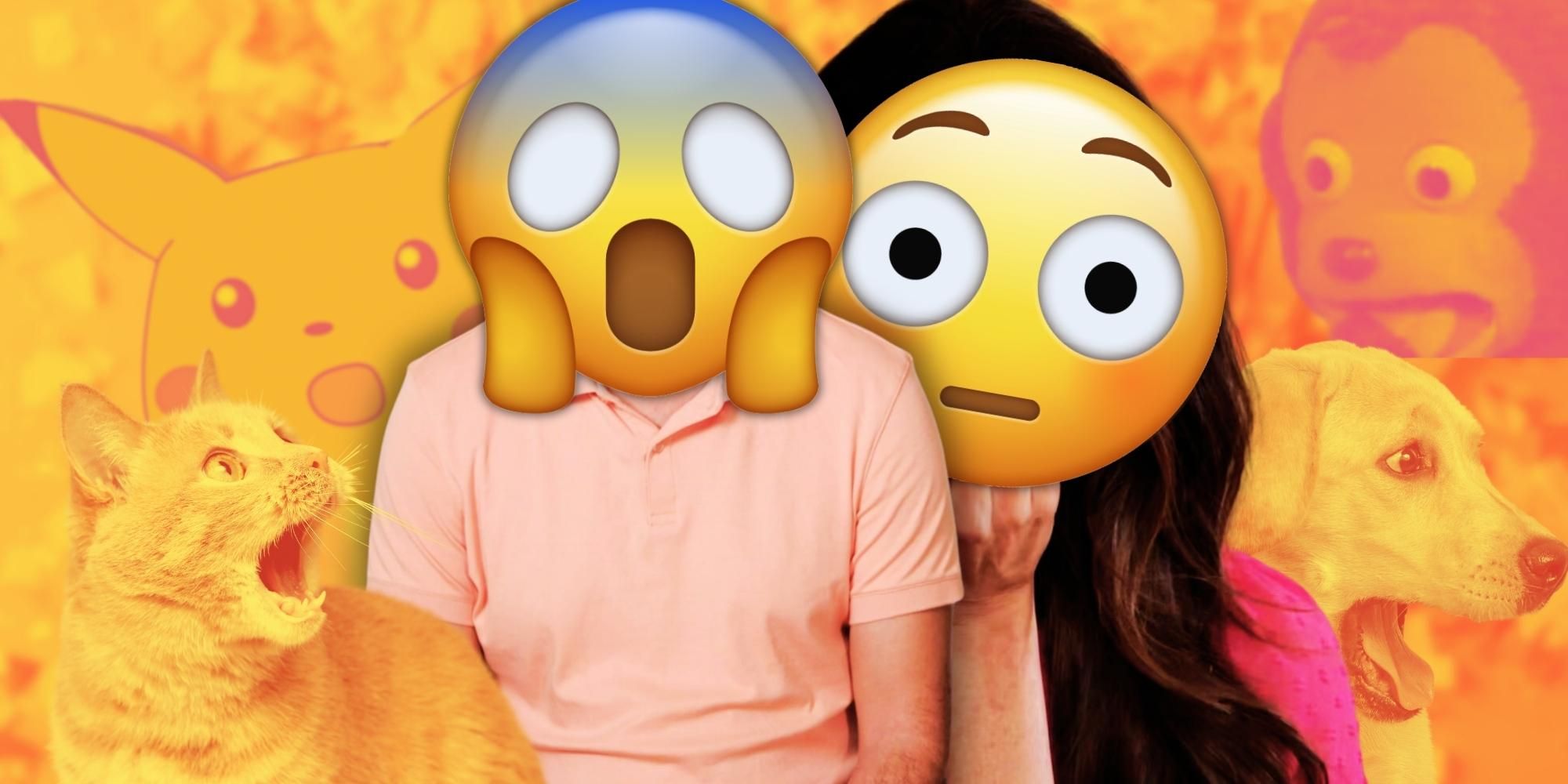90 Day Fiance&rsquo;s Nicola &amp; Meisha, with emoji&rsquo;s covering their faces and surprised expressions from a cat, dog, puppet and Pokemon character