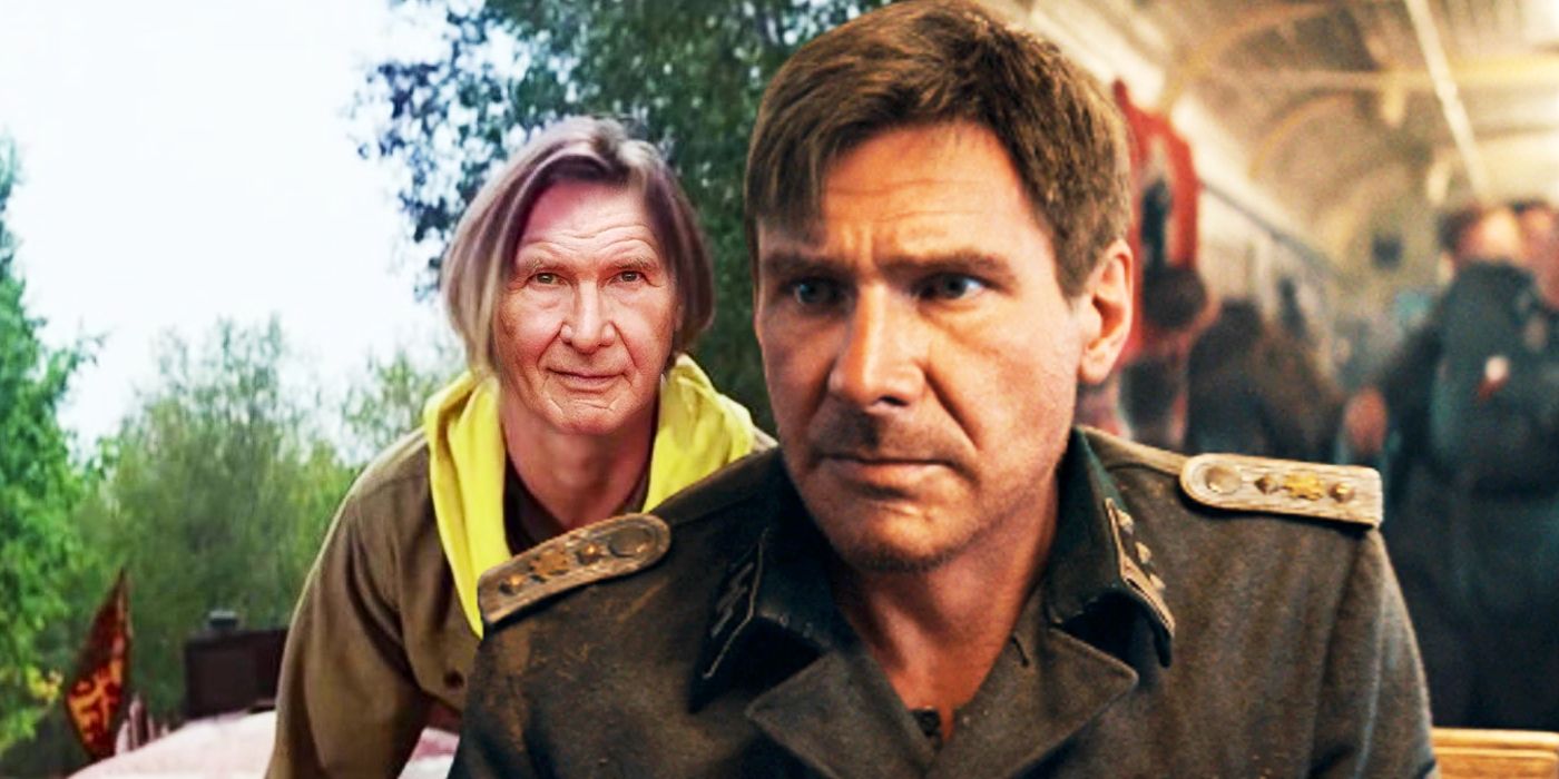 Custom image of de-aged Harrison Ford from Indiana Jones 5 juxtaposed with River Phoenix from Indiana Jones 3 with Harrison Ford's face edited in.