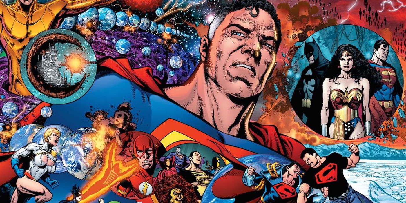 Comic book art: Earth-2 Superman surrounded by members of the Justice League.