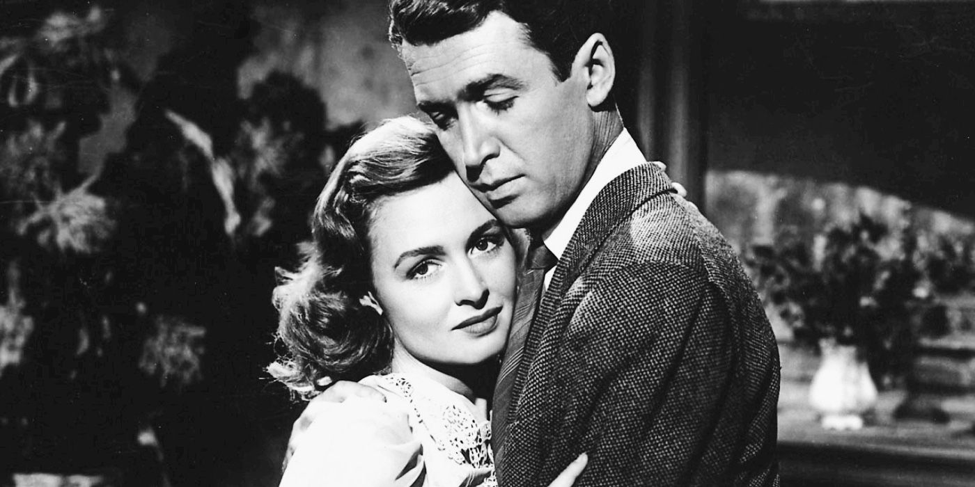 Donna Reed as Mary and James Stewart as George Hugging in It's a Wonderful Life