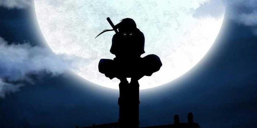 Screenshot from Naruto Shippuden shows Itachi perched on top of a post covered in shadows except his eyes. A bright full moon is behind him.