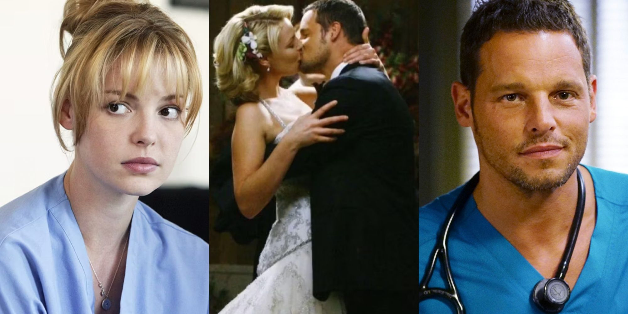 A side by side image features Izzie in scrubs, Izzie and Alex kissing on their wedding day, and Alex in scrubs in Grey's Anatomy