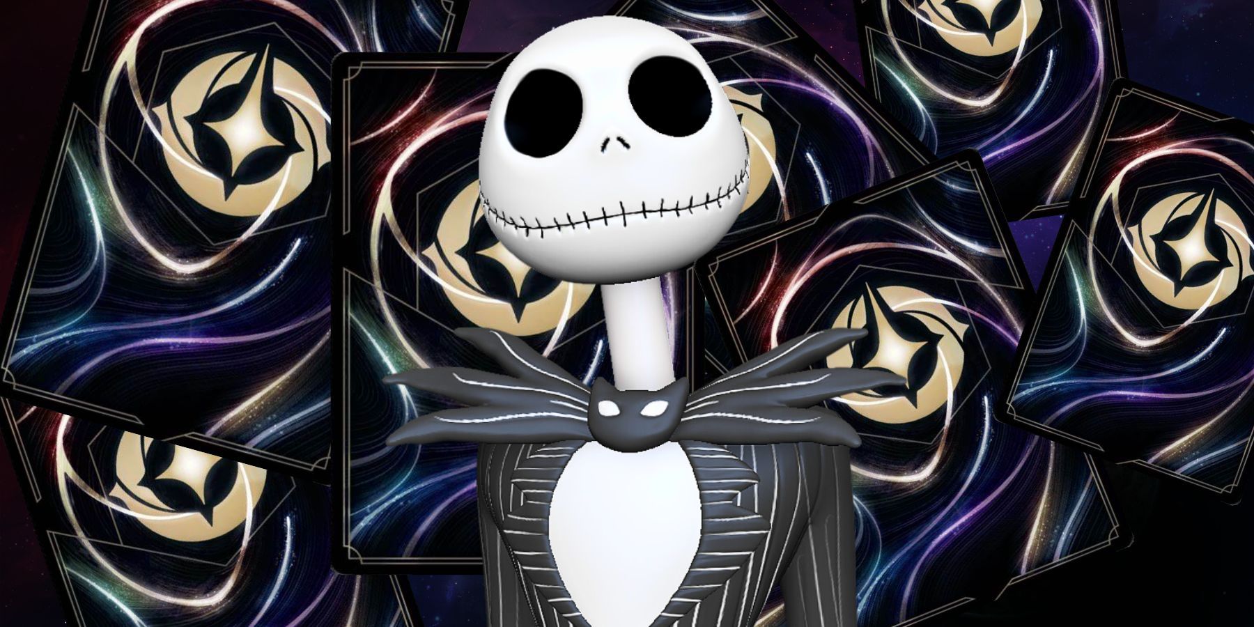 Jack Skellington in front of some Lorcana card backs