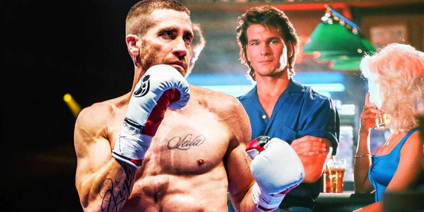 Custom image of Jake Gyllenhaal squared up for a fight in Southpaw and Patrick Swayze crossing his arms in Road House.