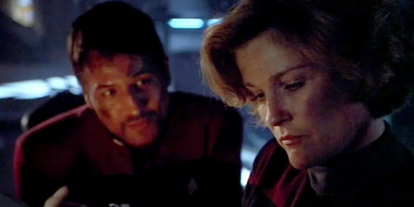 Janeway and Chakotay in Star Trek: Voyager's episode Year of Hell.
