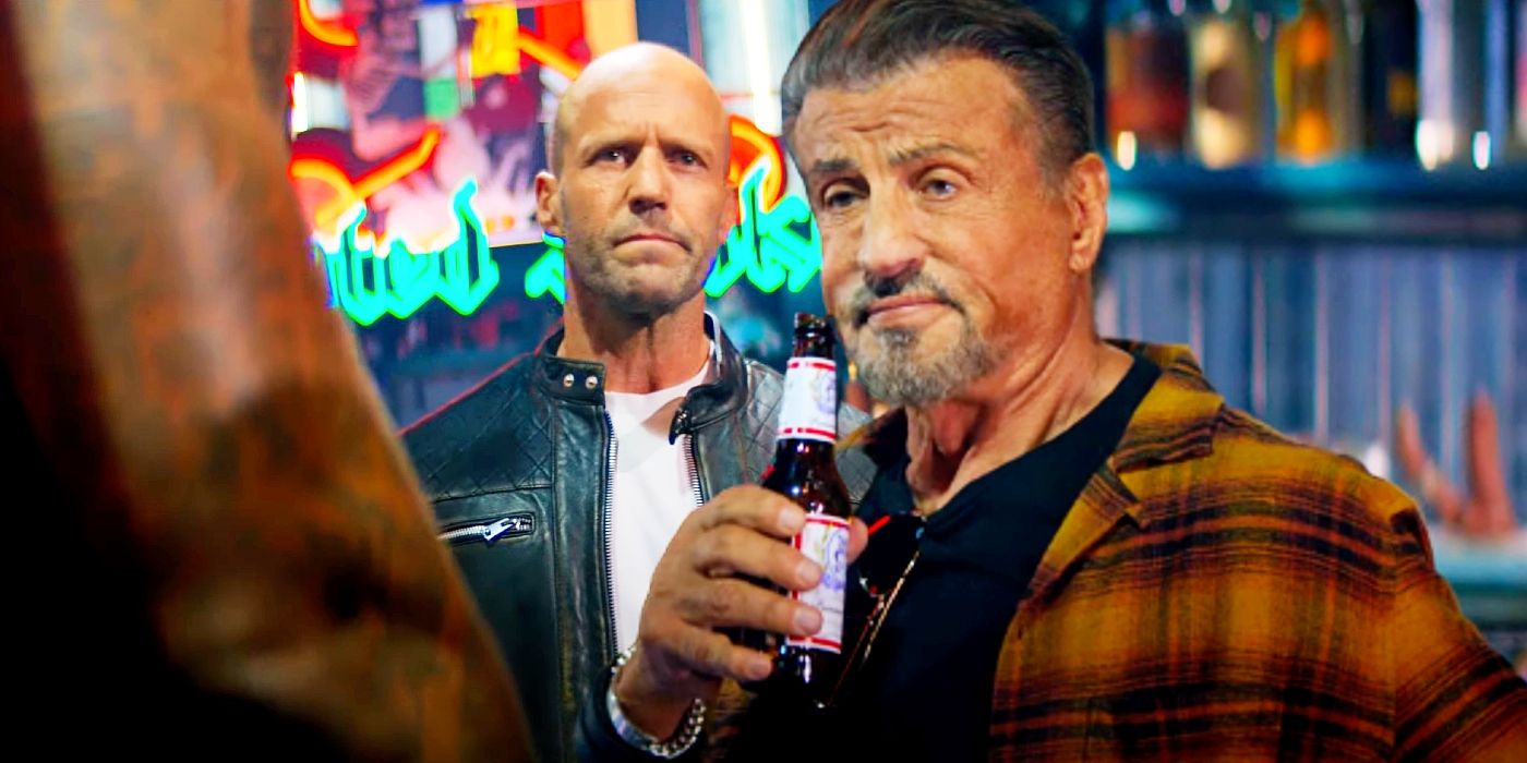 Custom image of Jason Statham juxtaposed with Sylvester Stallone in a bar in The Expendables 4.