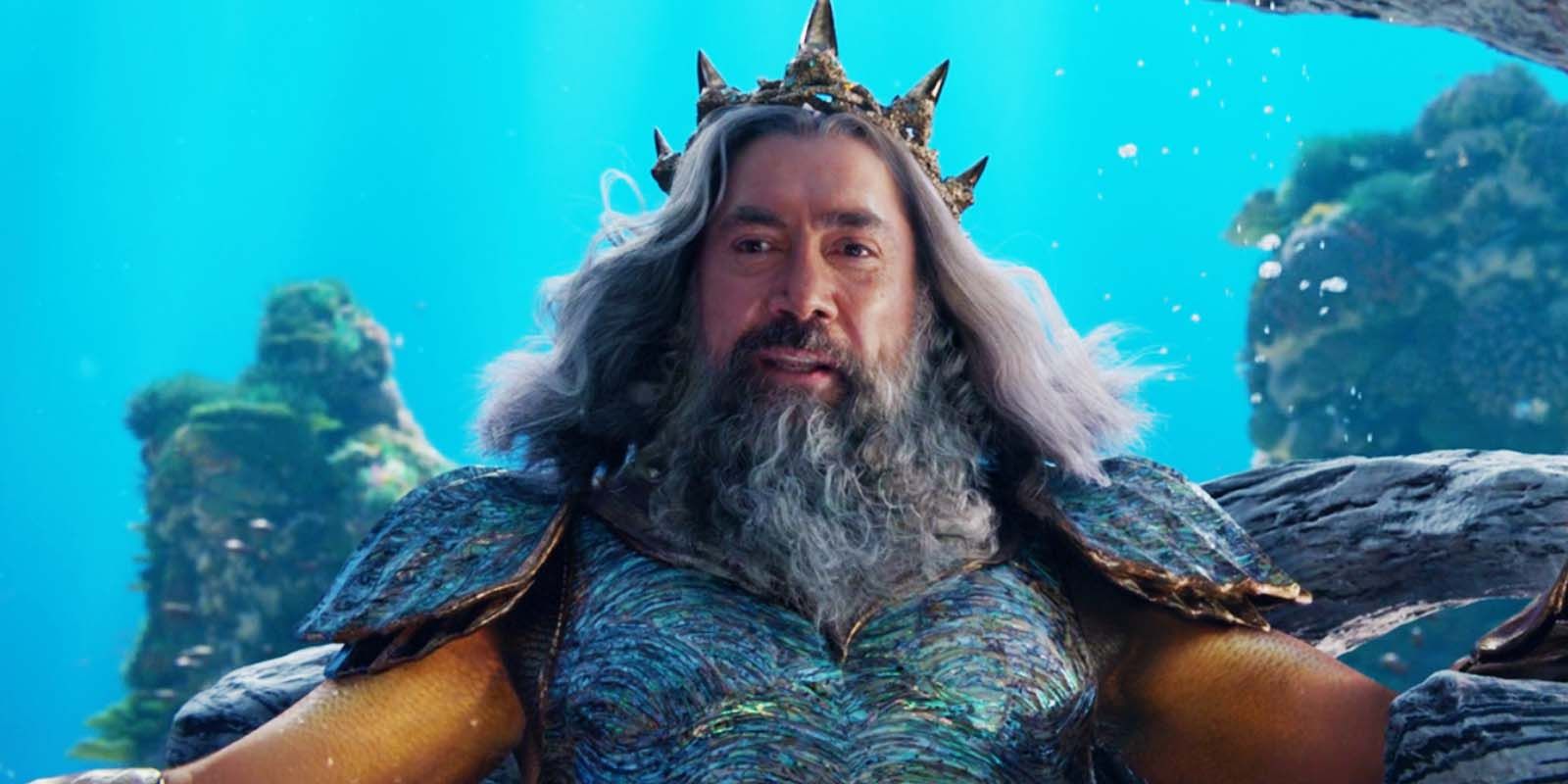 Javier Bardem as King Triton underwater in The Little Mermaid (2023)