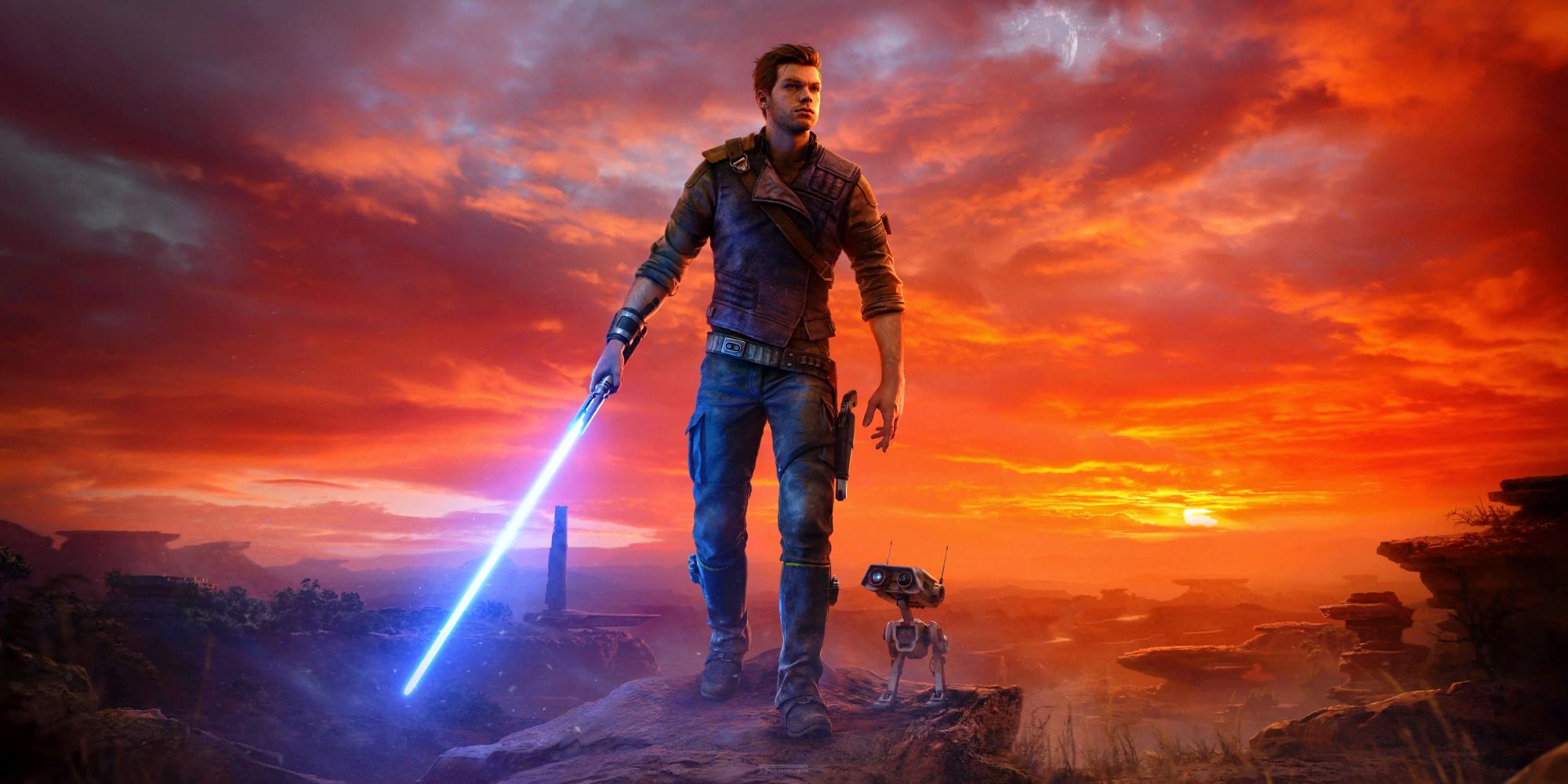 A man and a small droid standing on the top of a rocky hill. The man, Cal Kestis, is holding a blue lightsaber down by his side while the droid, BD-1, looks up toward him. Buildings can be seen in the distance in the arid landscape. The sky is filled with bright orange clouds during sunset.