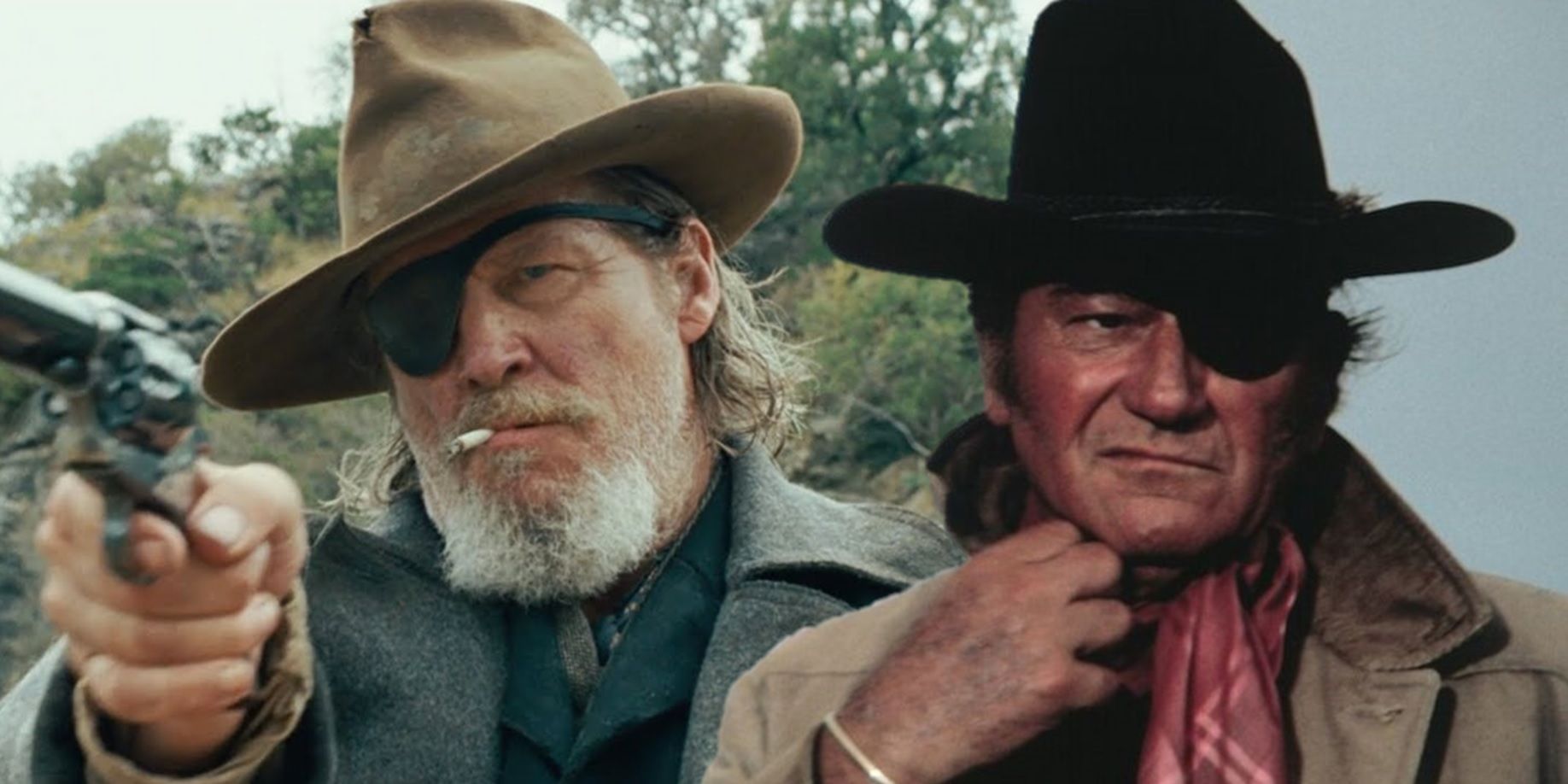 Jeff Bridges and John Wayne as Rooster Cogburn in True Grit