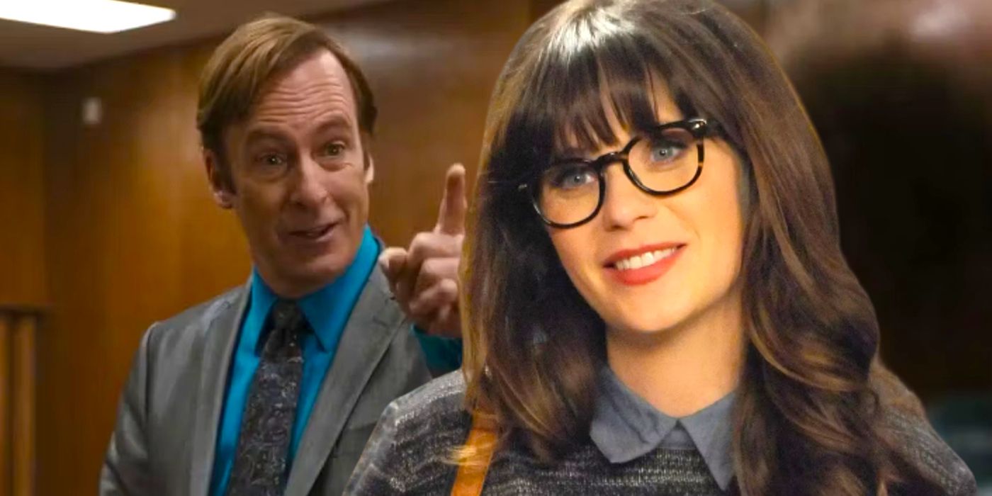 Jimmy McGill in court in Better Call Saul and Jess smiling in New Girl