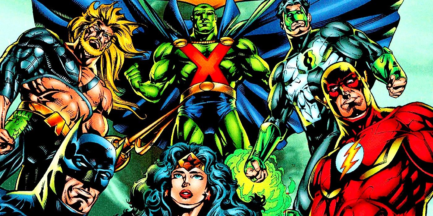 1990s Justice League of America: Batman, Wonder Woman, Flash, Green Lantern, Martian Manhunter, Aquaman