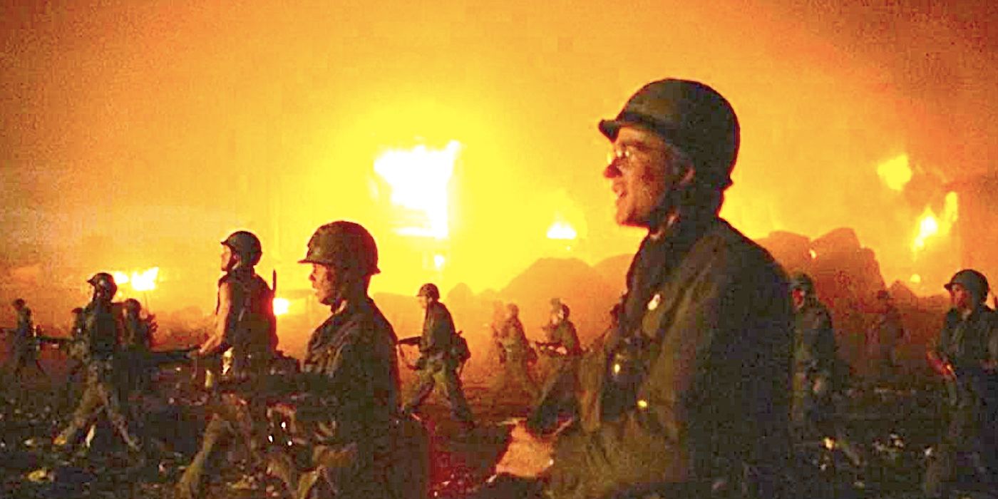 Matthew Avery Modine as Joker and the troops singing in Full Metal Jacket's ending.