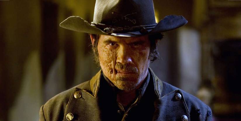 A straight-on shot of Josh Brolin as Jonah Hex in Jonah Hex (2010) showcasing the character's facial scars