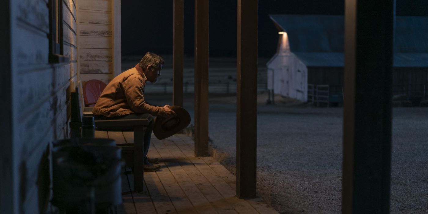 Josh Brolin contemplates with his hat in his hands at night on his ranch in Outer Range.