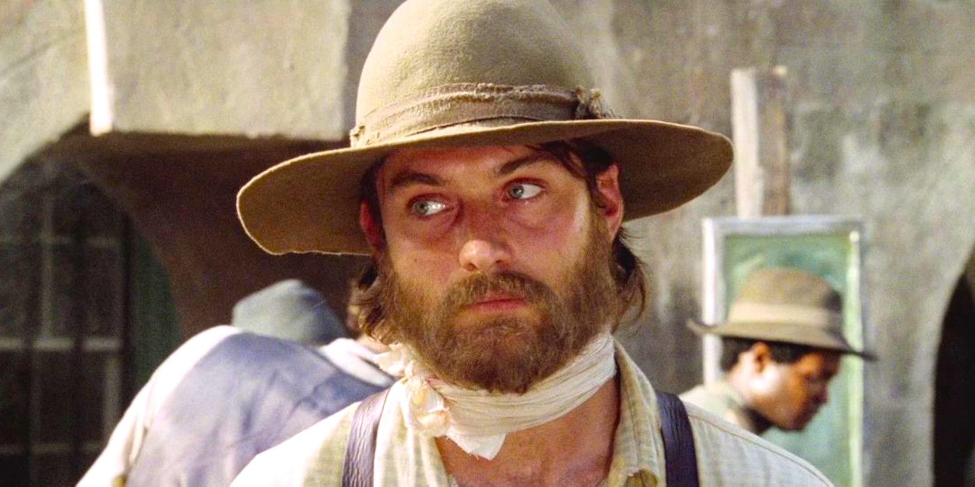 Jude Law with a full beard and a bandaged neck in Cold Mountain
