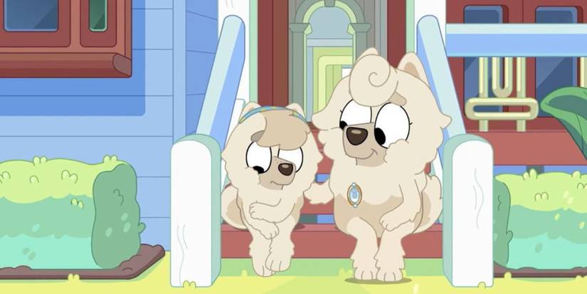 Judo and her mum Wendy sit on the steps in Dirt episode of Bluey
