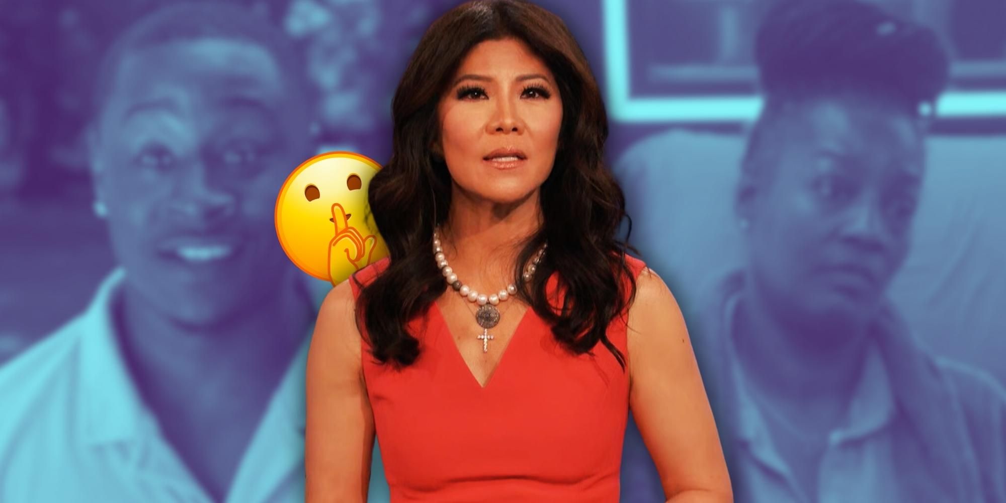 Big Brother&rsquo;s Julie Chen Moonves, with Jared Fields and Cirie Fields, and shushing emoji