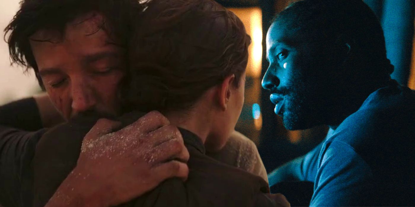 Jyn and Cassian hugging before their death in Rogue One next to Joshua from The Creator
