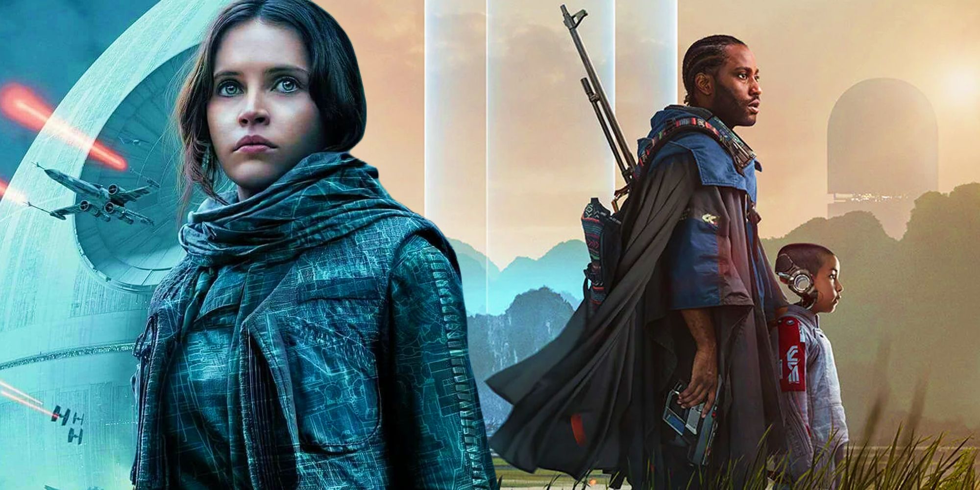 Jyn Erso in her Rogue One character poster next to the official poster for The Creator