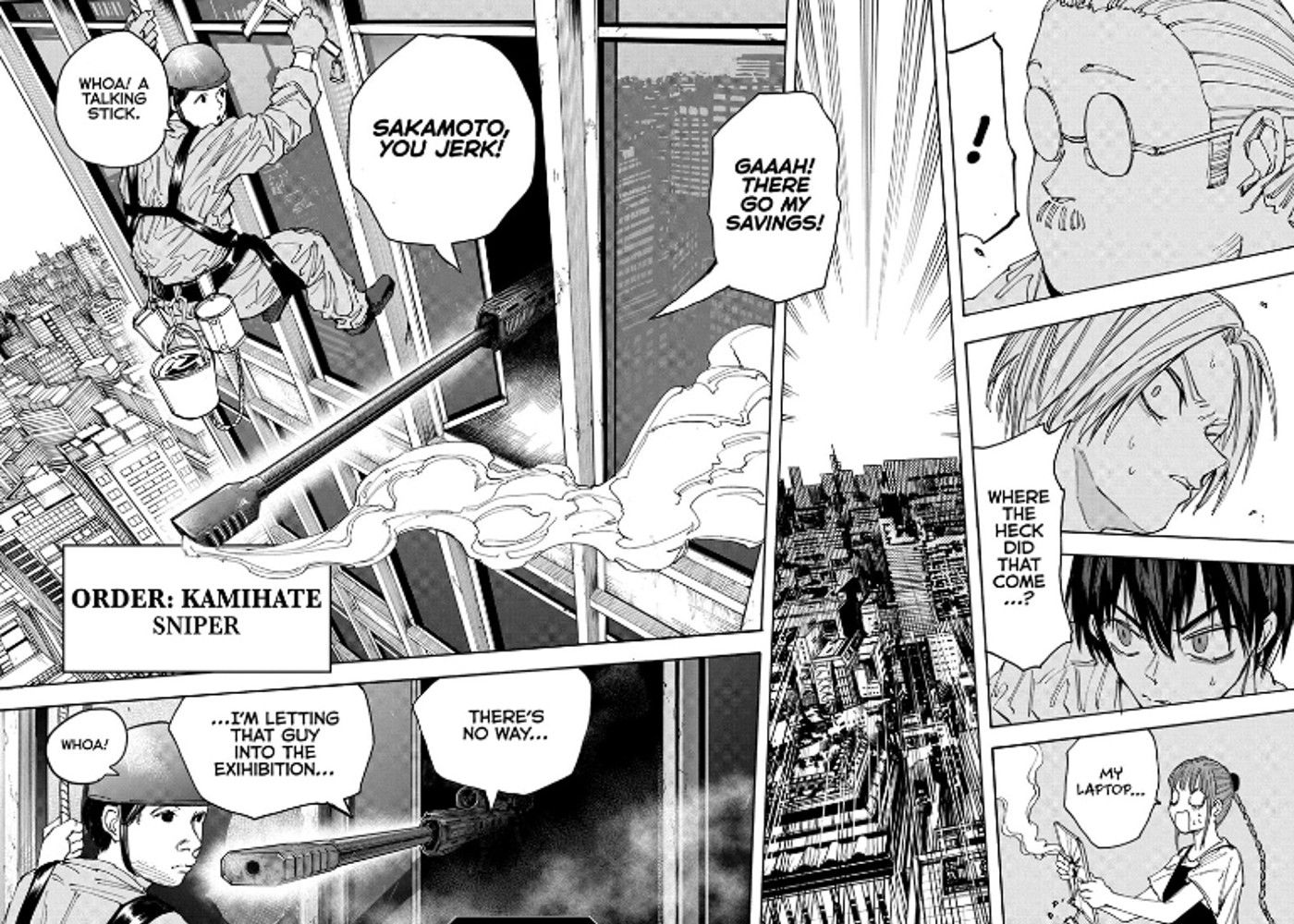 Kamihate hits a laptop in Sakamoto Days