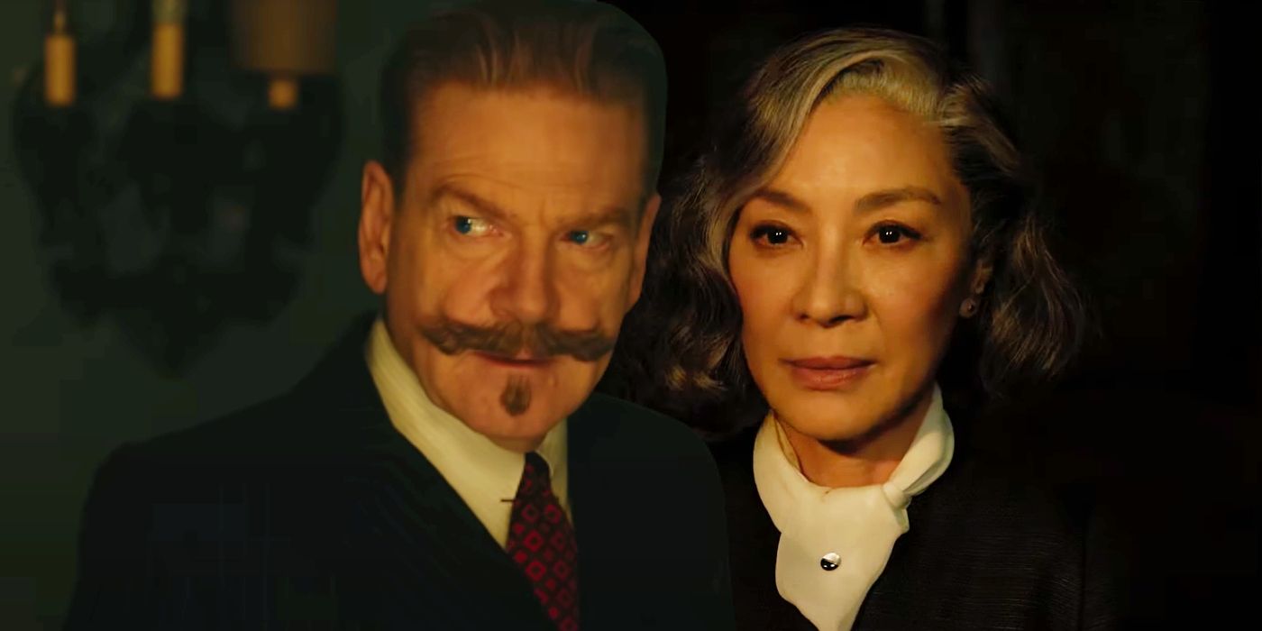 Imagem personalizada de Kenneth Branagh como Hercule Poirot justaposta com Michelle Yeoh como Sra. Reynolds em A Haunting In Venice.