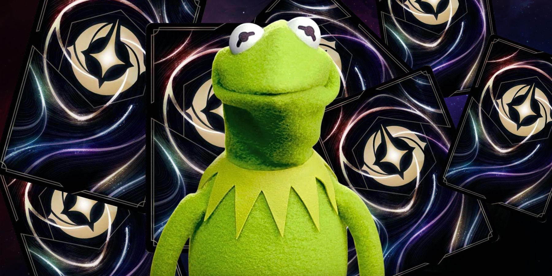Kermit in front of some Lorcana card backs