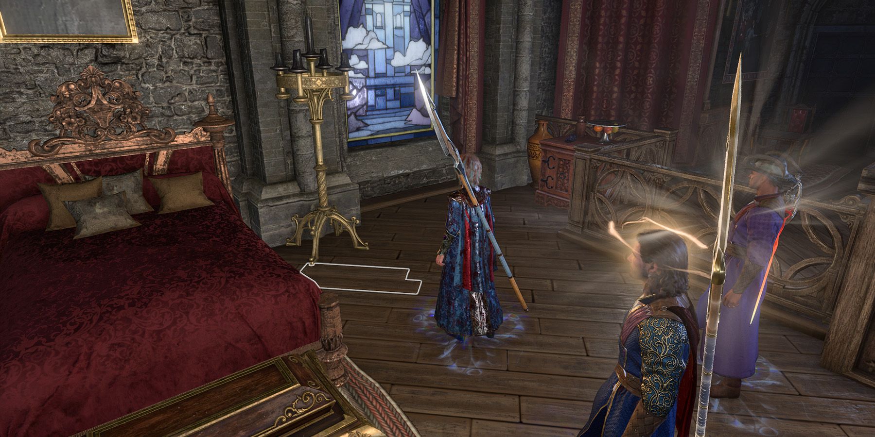 Loose floorboards selected next to an opulent bed in Baldur’s Gate 3.