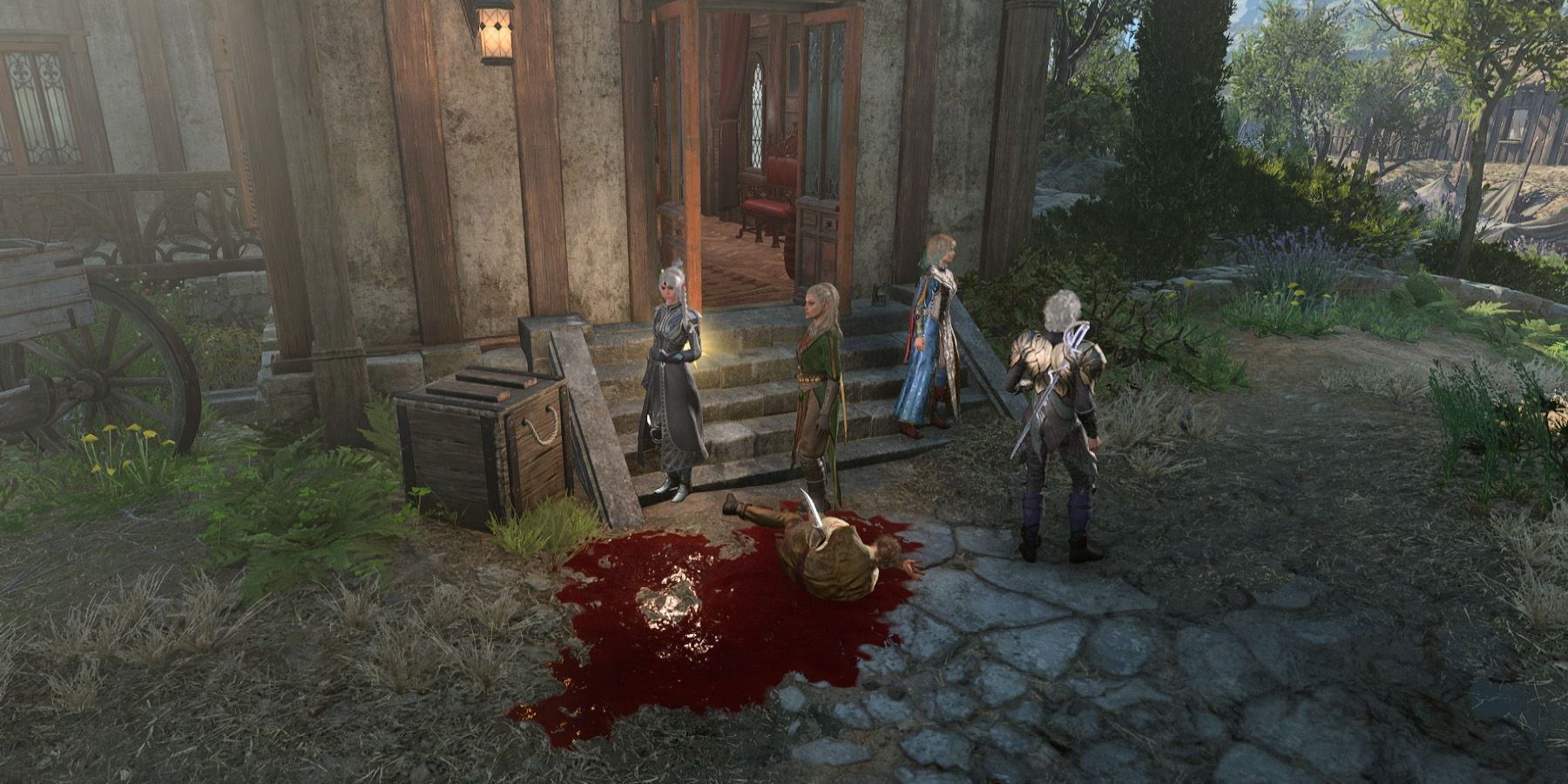 Party standing around the body of a squatter in Baldur&rsquo;s Gate 3.