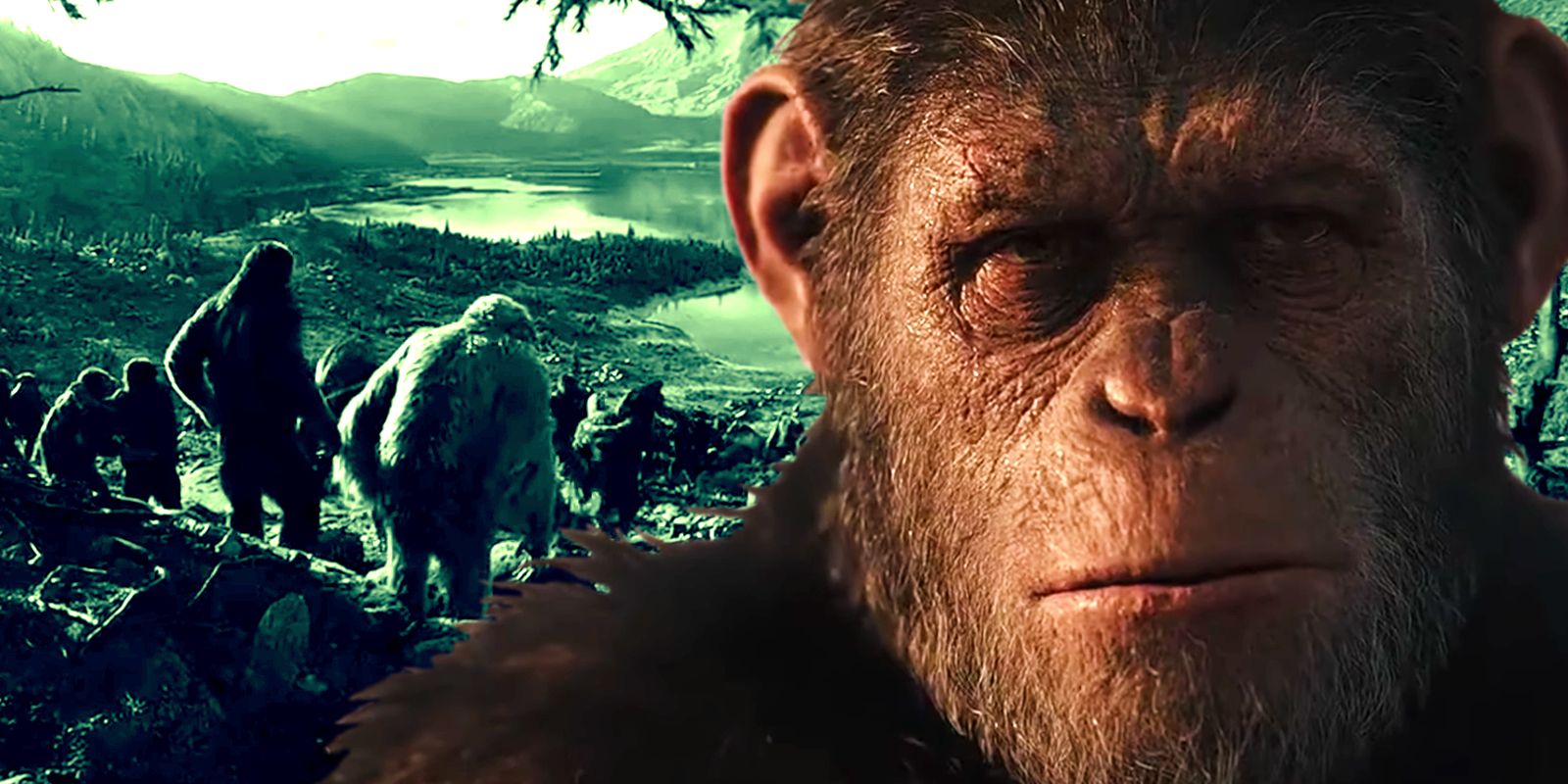 A closeup of Caesar looking dour in front of a band of apes coming over a hill in War for the Planet of the Apes