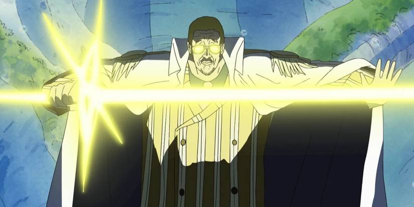 Screenshot of One Piece anime shows Admiral Kizaru creating a large sword of light while on the Sabody Archipelago.